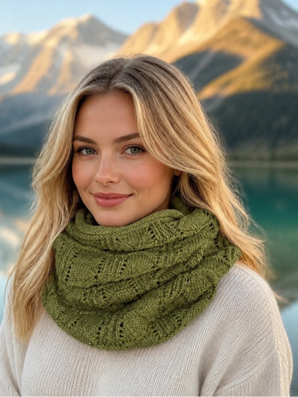 Women’s Olive Green Acrylic Cable Knit Infinity Scarf Cowl/Snood Neck Warmer